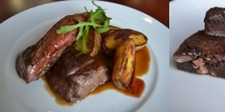 Romantické 3chodové menu PRO DVA. Předkrm z parmské šunky, steak z texaského býka NEBO steak z norského lososa, a sladký dezert navrch.