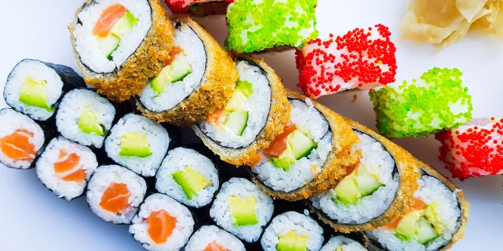 Sushi sety s 32 až 53 ks: krab, krevety, tuňák, okurka, avokádo i losos