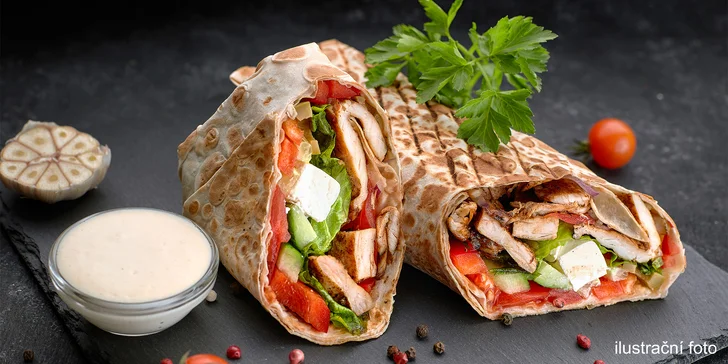 Kebab a nápoj dle výběru na odnos s sebou: grilované kuřecí, salát i tortilla