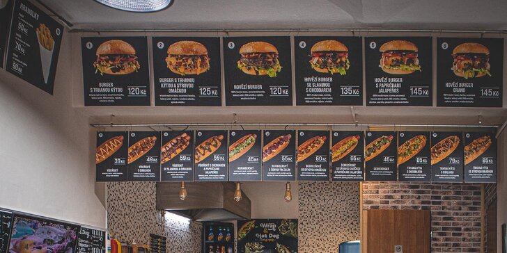 Občerstvení s sebou v centru Hradce Králové: jeden či dva burgery dle výběru, hranolky a dip