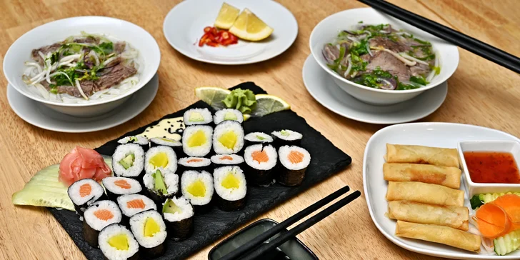Sushi sety o 24–48 kouscích i s jarními závitky nebo krevetami a miso či thajskou polévkou
