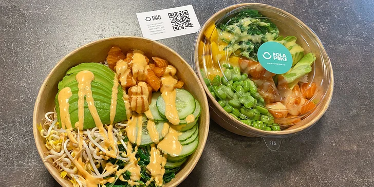 1 nebo 2 poke bowly a limonáda k tomu: miska s krevetami, kuřetem i tofu, malinová či mango limonáda