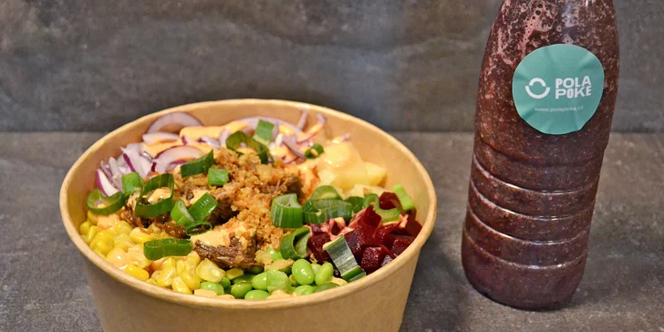 1 nebo 2 poke bowly a limonáda k tomu: miska s krevetami, kuřetem i tofu, malinová či mango limonáda