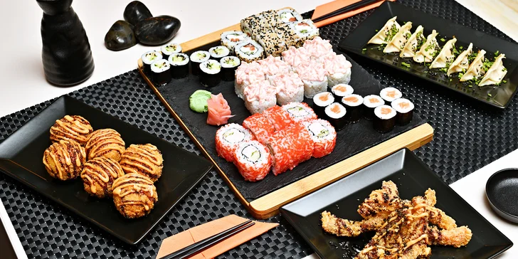 Až 50 ks sushi v setu i s gyoza taštičkami a rýžovými kuličkami s masem