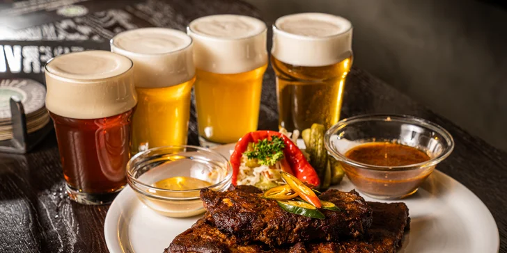 Degustace 4 druhů piva Na Stojáka, k tomu marinovaná vepřová žebírka pro jednoho i dva