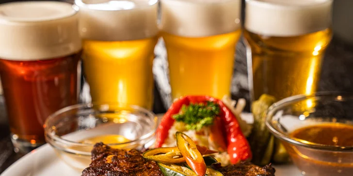 Degustace 4 druhů piva Na Stojáka, k tomu marinovaná vepřová žebírka pro jednoho i dva