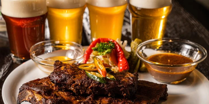 Degustace 4 druhů piva Na Stojáka, k tomu marinovaná vepřová žebírka pro jednoho i dva