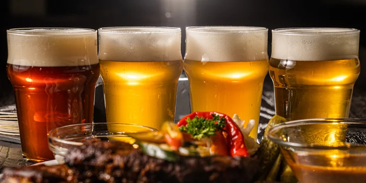 Degustace 4 druhů piva Na Stojáka, k tomu marinovaná vepřová žebírka pro jednoho i dva