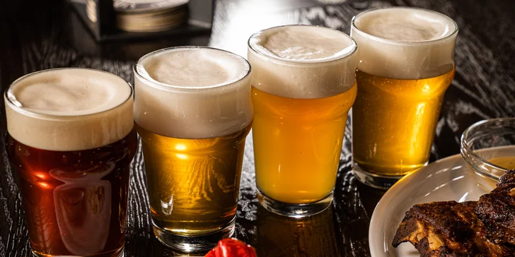 Degustace 4 druhů piva Na Stojáka, k tomu marinovaná vepřová žebírka pro jednoho i dva