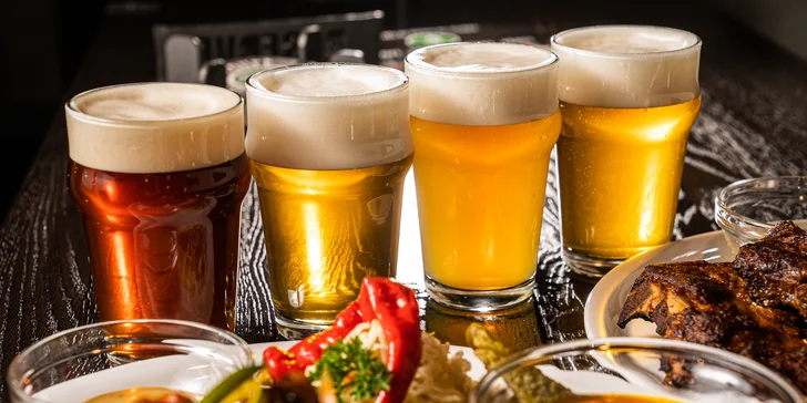 Degustace 4 druhů piva Na Stojáka, k tomu marinovaná vepřová žebírka pro jednoho i dva