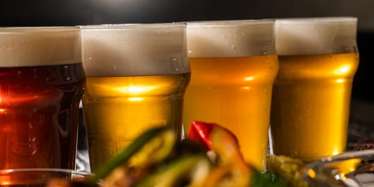Degustace 4 druhů piva Na Stojáka, k tomu marinovaná vepřová žebírka pro jednoho i dva