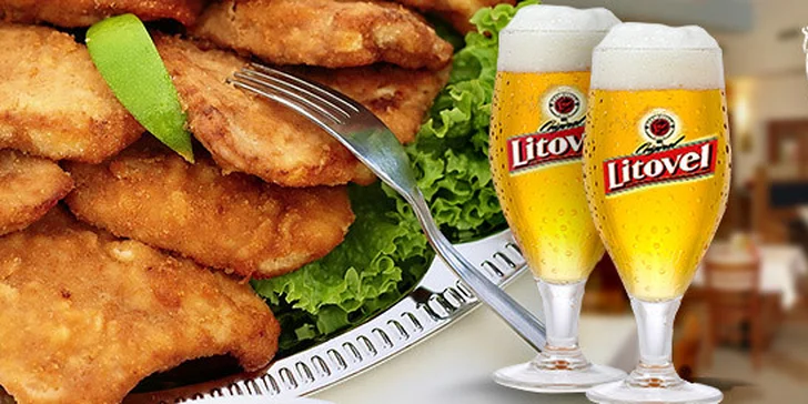 Až kilo a půl zlatavých řízků, pivo Litovel i pečivo