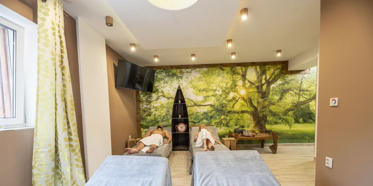 VIP lesní wellness pro 2–4 os.: kádě s termální vodou, finská sauna, sekt či pivo a večeře