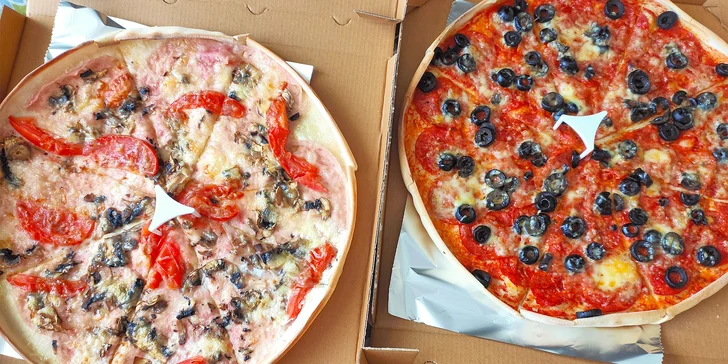 Dvě křupavé pizzy o průměru 32 cm na odnos s sebou a limonáda