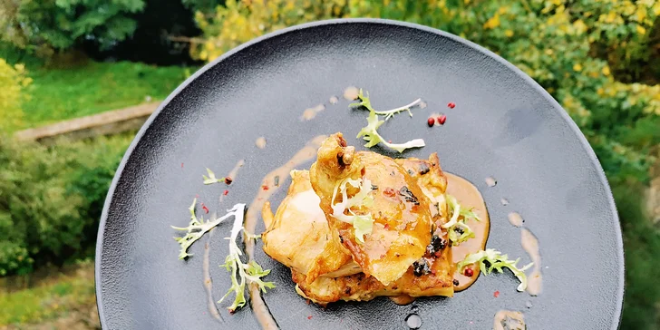 Tříchodové menu v restauraci s krásným výhledem pro 2 osoby: paštika, steak nebo kuřecí prso a panna cotta