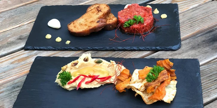 4chodové menu pro 2 osoby: hummus, tatarák, kuřecí supreme i panenka a další dobroty