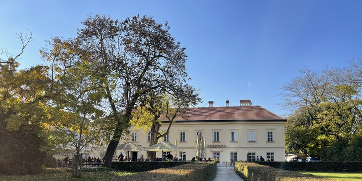 Dovolená v Zámeckém hotelu Lednice: terasa s výhledem na zámek, snídaně, káva a víno