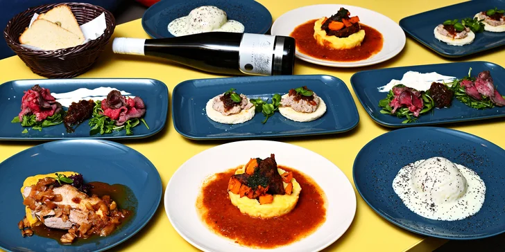 5chodové degustační menu u náplavky: rillettes, roastbeef, hovězí ragú i lahev vína
