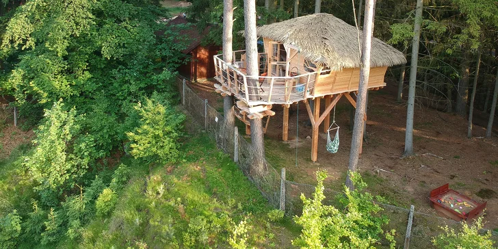 Bydlení v treehousu u lesa nebo rybníku na severu Čech a piknikový koš se snídaní