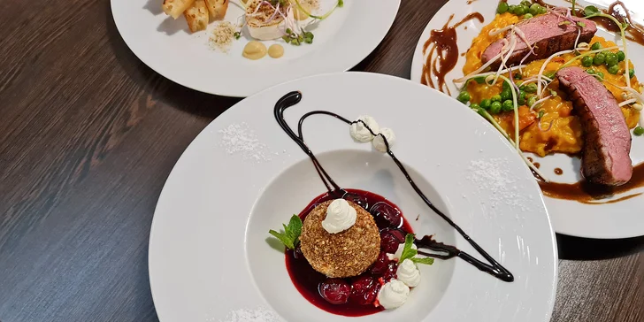 Tříchodové menu pro dva: kozí sýr, kachní prso s rizotem a zmrzlina