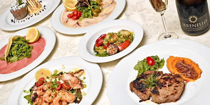 3chodové degustační menu pro 2 osoby u Václaváku: carpaccio, mořské plody či steak, dezert i prosecco