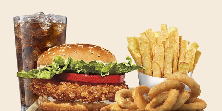 Královský kupon na 1 + 1 menu v Burger Kingu: hovězí či kuřecí burger, hranolky, cibulové kroužky, nápoj