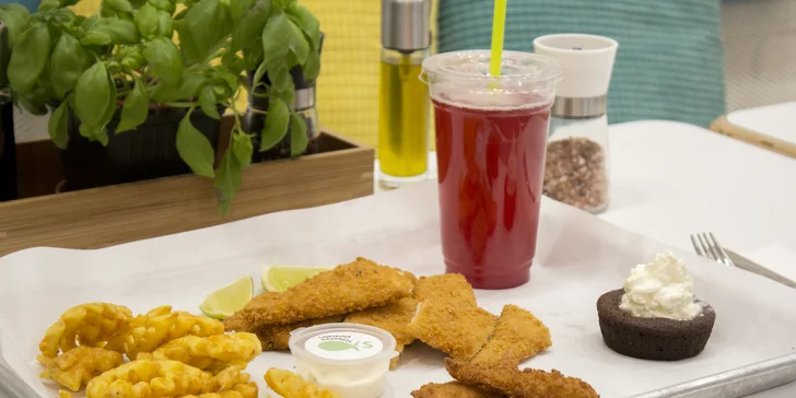 Velké fish strips s přílohou, nápojem i dezertem nebo krevetami