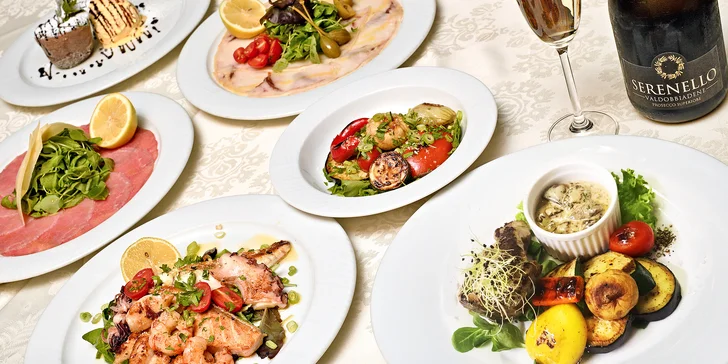 Gurmánské tříchodové menu u Václaváku: carpaccio, mořské plody či steak, dezert i prosecco