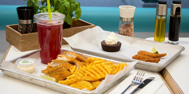 Velké fish strips s přílohou, nápojem i dezertem nebo krevetami