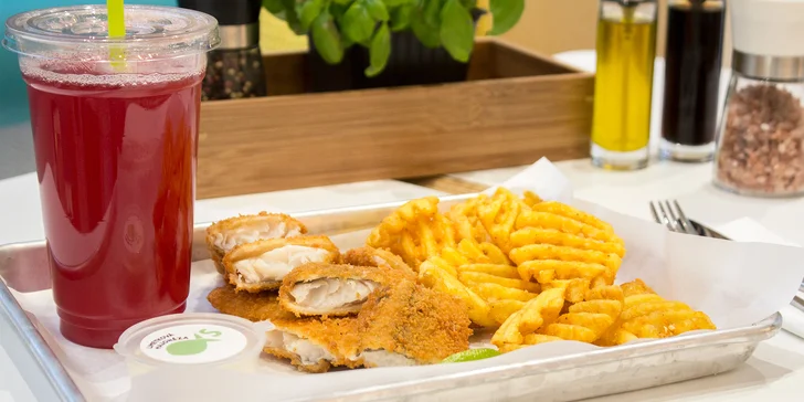 Velké fish strips s přílohou, nápojem i dezertem nebo krevetami