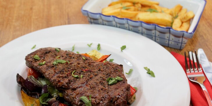 Hovězí rump steak, hranolky a grilovaná zelenina pro 1 či 2 jedlíky v centru Brna