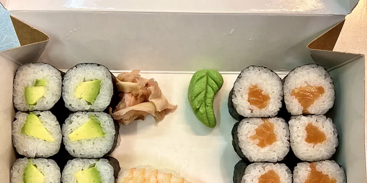 Sushi sety na odnos s sebou: 16, 18 a 34 kusů s avokádem, krevetami i lososem