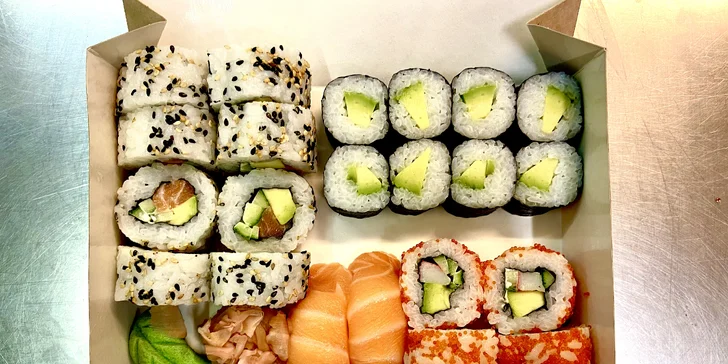 Sushi sety na odnos s sebou: 16, 18 a 34 kusů s avokádem, krevetami i lososem
