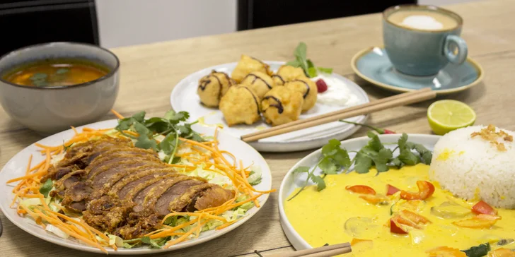 Thajské menu pro 1 či 2 osoby: polévka Tom Yum, křupavá kachna i dezert