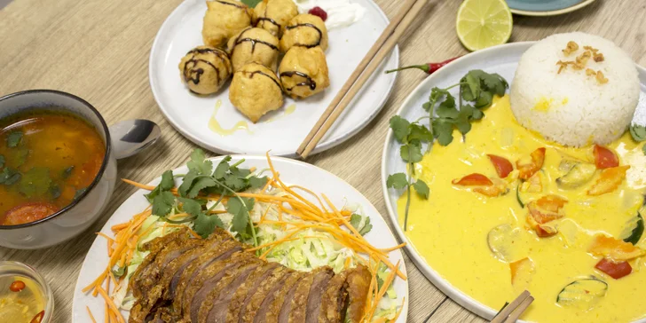 Thajské menu pro 1 či 2 osoby: polévka Tom Yum, křupavá kachna i dezert