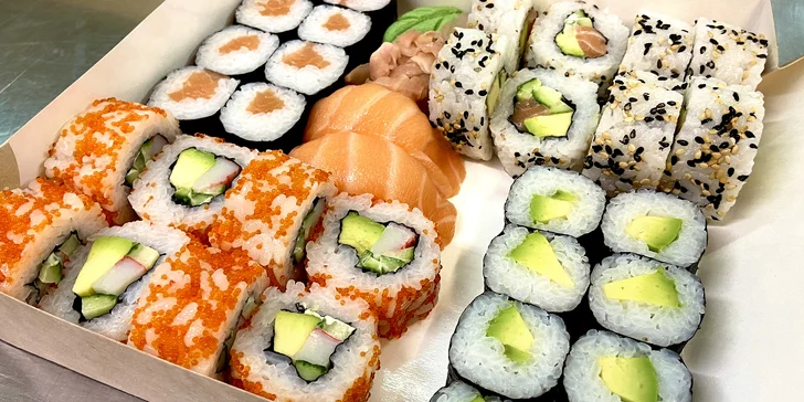 Sushi sety na odnos s sebou: 16, 18 a 34 kusů s avokádem, krevetami i lososem