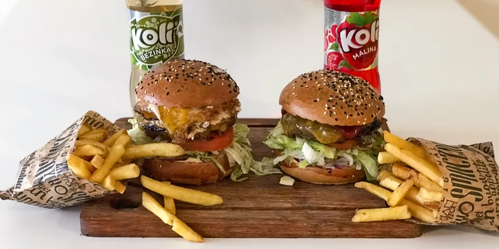 Burger podle výběru z 5 druhů, hranolky a limonáda pro 1 nebo 2 osoby
