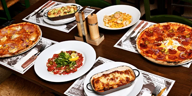 Italské degustační menu dle výběru pro dva: lasagne, gnocchi, spaghetti i risotto či pizza