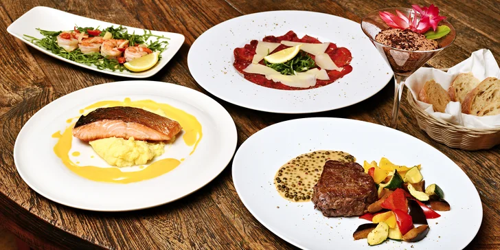 3chodové degustační menu pro 2 osoby: carpaccio, losos i čoko mousse
