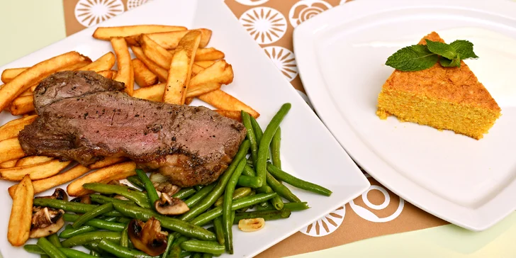 Steak z amerického býčka, příloha dle výběru, salát a dezert