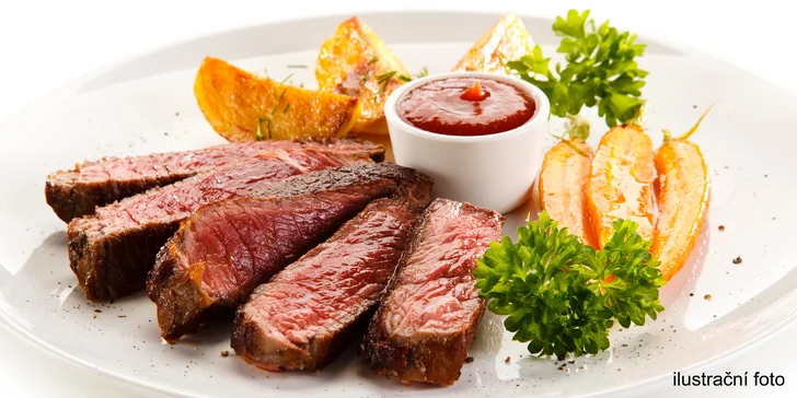 Steak z jakékoliv části amerického býčka, příloha dle výběru, salát a dezert