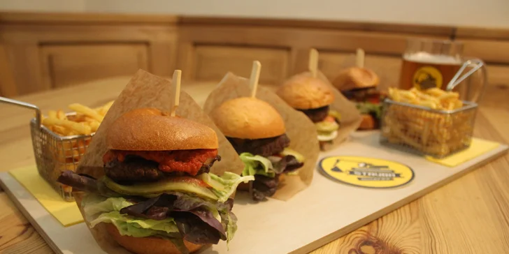 4× jiná chuť: burgerové degustační menu a hranolky, Cheese i Bacon a Jack Daniel's burger