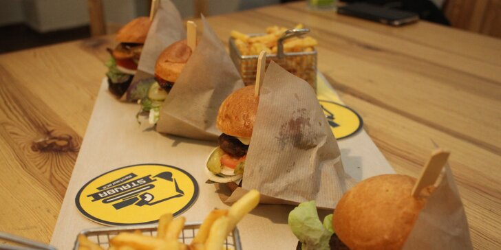4× jiná chuť: burgerové degustační menu a hranolky, Cheese i Bacon a Jack Daniel's burger