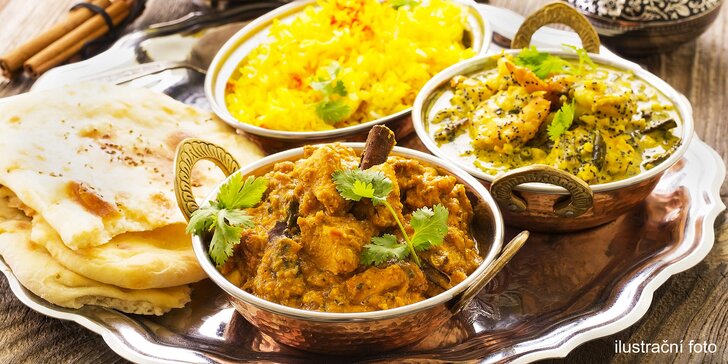 Indické menu pro dva: předkrm a vegetariánský nebo kuřecí hlavní chod