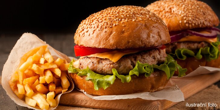 Burgerové menu pro 2 či partu: vyzrálé hovězí z mladého býčka, hranolky a salát