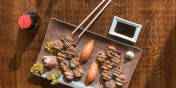 Set s 18 až 58 kousky sushi: sashimi, maki i nigiri s rybami, krevetami a zeleninou