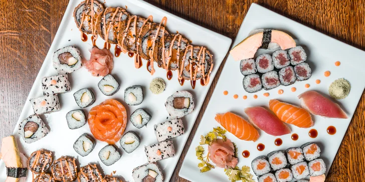 Set s 18 až 58 kousky sushi: sashimi, maki i nigiri s rybami, krevetami a zeleninou
