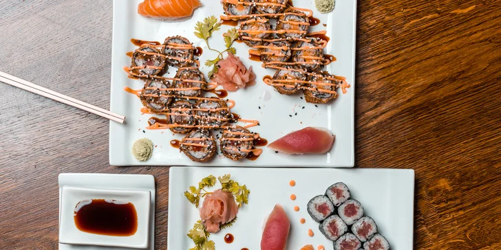 Set s 18 až 58 kousky sushi: sashimi, maki i nigiri s rybami, krevetami a zeleninou