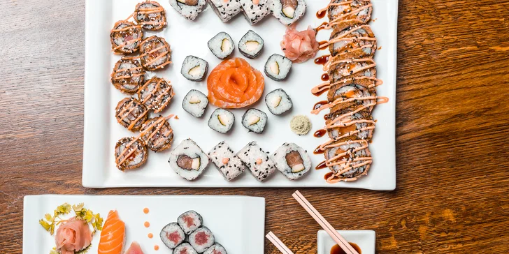 Set s 18 až 58 kousky sushi: sashimi, maki i nigiri s rybami, krevetami a zeleninou