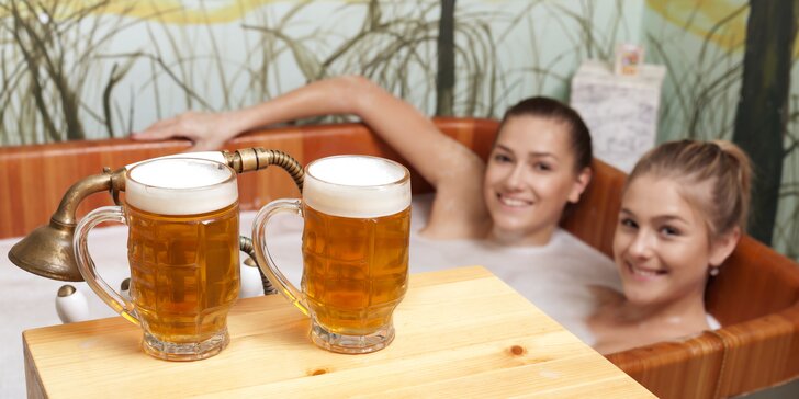 2hodinový odpočinek v pivních lázních pro 1 či 2 osoby: koupel, sauna a pivo